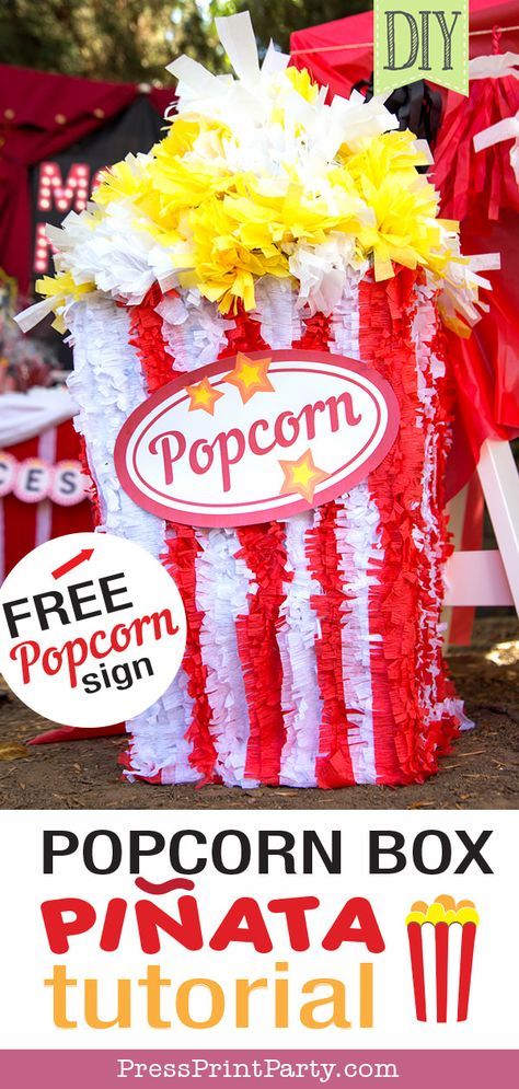 POPCORN BOX PINATA DIY. How to make a pinata like a popcorn box for a movie night. Great movie nights ideas. Birthday Circus party ideas. With free printable popcorn sign. DIY tutorial Homemade. by Press Print Party! #pinata #movienight Popcorn Sign, Make A Pinata, Backyard Movie Night Party, Homemade Pinata, Diy Movie Night, Pinata Diy, Pinata Ideas, Movie Night Birthday, Night Birthday Party