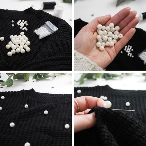 DIY Pearl Embellished Jumper - step by step Beaded Sweater Diy, Diy Snowflake, Rhinestone Sweater, Diy Sweater, Snow Flakes Diy, Hello December, Pearls Diy, Diy Rhinestone, Black Thread