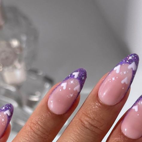 pearlie pressed | diy nail art | gel x on Instagram: "some purple sparkle this valentine’s day 💜✨- do you like this nail inspo?   using @beetlesgelpolish “among the stars” for the purple glitter polish - use code PEARLIE2024 for savings (linked on my page)  [valentines day nails 2024, valentines day nail ideas, vday nails, nails art, almond nail inspo, nail art simple, simple but pretty nails, trending nails 2024, cute nail art, french tip nail design, french manicure , french nails]  #beetlesgelpolish #valentinesdaynails #valentinesdaynailart #valentinesdaynailinspo #valentinenailinspo #valentinenailsart #vdaynails #vdaynailart #frenchnails #frenchtipnails #frenchtipnailart #frenchnailart #frenchnaildesign #easynails #easynailart #nailsmagazine" Valentines Day Purple Nails, Valentine’s Day Nails Purple, Purple Valentines Day Nails Almond, Purple Glitter French Tips, Fun French Nail Designs, February Nails Ideas Purple, Purple Nails Valentines Day, Purple Almond Nail Ideas, Purple Nails Valentines