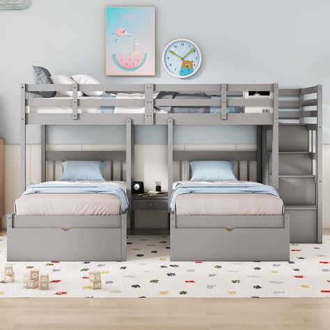 3 Bed Bedroom Ideas Small Rooms, 3 People Bedroom, 3 Beds One Room Kids, 3 Bed In One Room Ideas, Bunk Beds For 3, Stairs And Storage, Kids Triple Bunk Beds, Beds With Stairs, Bunk Beds Small Room