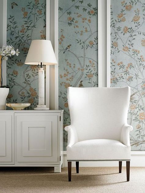 Framed Wallpaper Panels - Summer Adams Wallpaper Panels Framed, Framed Wallpaper Panels, Blue Wall Colors, Light Blue Walls, Hickory Chair, Framed Wallpaper, Diy Furniture Easy, White Rooms, Wallpaper Living Room