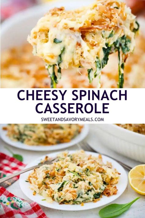 Picture layers of tender spinach leaves embraced by a luscious blend of cheeses, creating a symphony of flavors in every bite. Spinach Casserole Recipes, Spinach Casserole, Cheesy Spinach, Savory Meals, French Fried Onions, Comfort Food Recipes Dinners, Best Side Dishes, Easy Casserole Recipes, Fried Onions