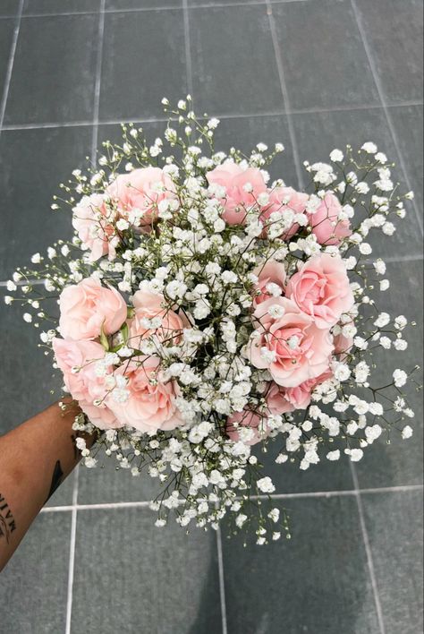 Light Pink Roses Aesthetic Bouquet, Pink Tulips And Baby Breath, Prom Bouquets For Pink Dress, Pink And White Flowers Bouquet, Baby Pink Flower Bouquet, Hoco Bouquet Pink, Light Pink Wedding Aesthetic, Pink Prom Bouquet Ideas, Pink Prom Flowers Bouquet