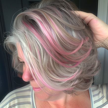 Natural Grey Hair With Pink Highlights, Pink Highlights In Grey Short Hair, Blonde Hair With Pale Pink Highlights, Color Streaks In Gray Hair, Pink And White Hair Color, White Hair With Colored Highlights, Pink On Grey Hair, Pink Hair Over 50, Subtle Pink Highlights Blondes