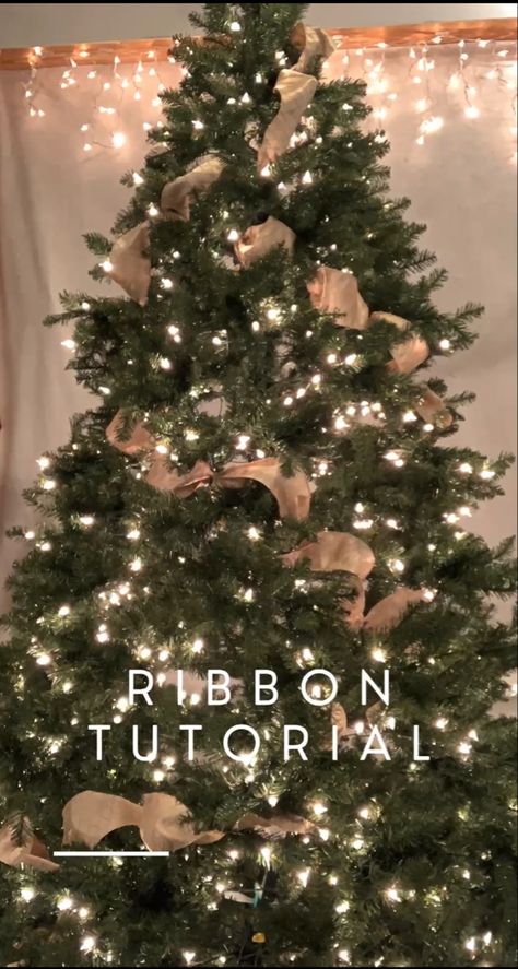 Christmas tree with white lights and beautiful ribbon Burlap And Red Ribbon Christmas Tree, Burlap Ribbon Christmas Tree Easy Diy, Christmas Tree Burlap Ribbon, How To Put Burlap On Christmas Tree, Burlap Garland Christmas Tree, How To Make Ribbon Bows Christmas Tree, Adding Ribbon To Christmas Tree Tutorial, How To Wrap Ribbon Around Christmas Tree, How To Tuck Ribbon In Christmas Tree