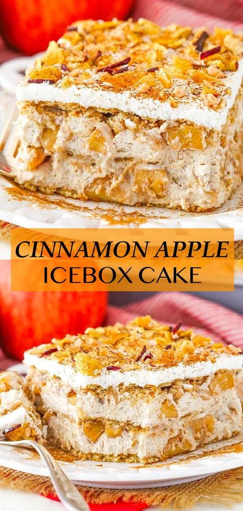 This Cinnamon Apple Icebox Cake is full of apples, cinnamon and a light mousse sandwiched between graham crackers! It’s a light & delicious no-bake dessert that’s great for fall! Apple Icebox Cake, Filled Desserts, Icebox Pies, Dessert For Fall, Apples Recipes, Healthy Harvest, Icebox Cakes, 1920s Halloween, Icebox Desserts