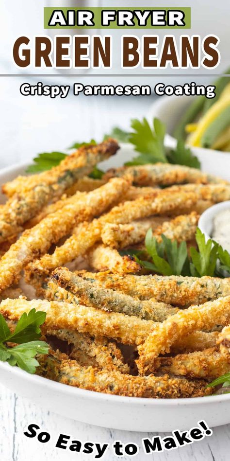 These CRISPY PARMESAN AIR FRYER GREEN BEANS are a no-oil healthier option to fries. A delicious snack, side dish or appetizer. Also includes oven instructions for a baked version. Green Beans Recipe Air Fryer, Parmesan Green Beans Air Fryer, Green Bean Fries Air Fryer, Green Beans Air Fryer, Beans Air Fryer, Air Fried Green Beans, Air Fryer Green Beans, Air Fryer Veggies, Parmesan Green Beans