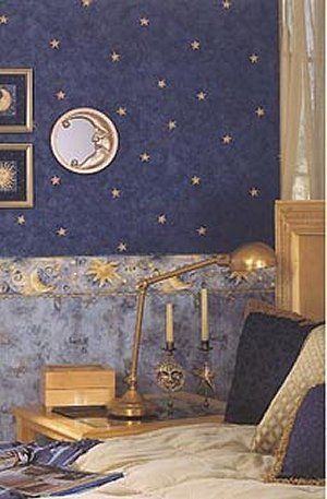 Moon Themed Bedroom Aesthetic, Star Theme Room, Star Themed Room, Star Themed Bedroom, Whimsigothic Bedroom, Astrology Room, Gold Living Room Walls, Surreal Wedding, Blue Themed Bedroom