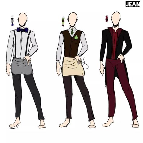 A few contemporary costume ideas for the character Jean, in the play Miss Julie. Also may be used to inspire a male waiter character. Waiter Outfit Men, Barista Outfit Drawing, Chef Outfit Drawing, Waiter Uniform Men, Waiter Drawing Reference, Barista Character Design, Waiter Costume, Mafia Costume, Barista Uniform