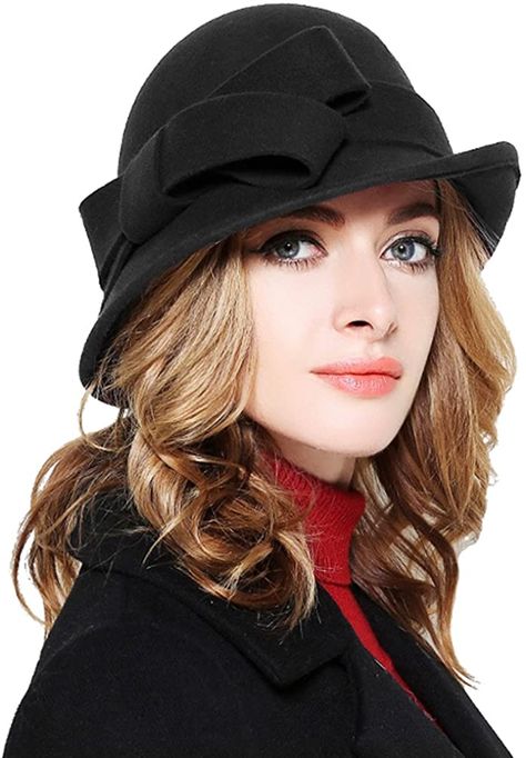 Bellady Women Solid Color Winter Hat 100 percent Wool Cloche Bucket with Bow Accent,Black, One Size at Amazon Women’s Clothing store Cappello Cloche, Church Lady Hats, How To Have Style, Gatsby Style, Wool Fedora, Church Hats, Cloche Hat, Winter Hats For Women, Felt Hat