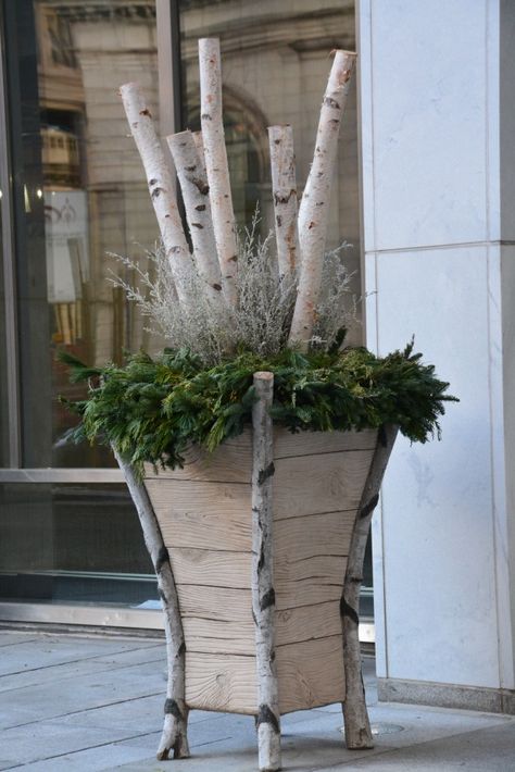 Winter Urn |  Large scale contemporary birch  faux bois concrete planter | Birch poles, white lepto, mixed evergreen Birch Tree Decor, Winter Container Gardening, Christmas Urns, Deborah Silver, Tree Theme, Winter Planter, Christmas Pots, Winter Porch, Birch Branches