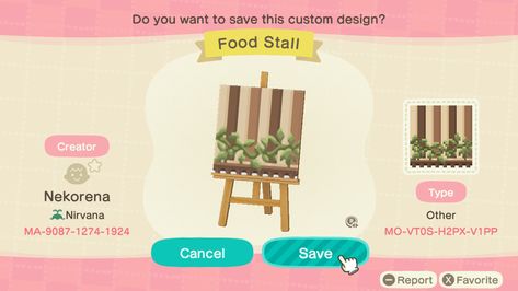 Acnh Wooden Stall Design, Acnh Wood Stall Design, Acnh Cottagecore Stall Designs, Stall Qr Code Animal Crossing, Animal Crossing Cafe Stall, Acnh Veggie Stall Design, Acne Stall Codes, Stall Pattern Animal Crossing, Acnh Cafe Stall