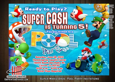 Super Mario Pool Party Invitations Digital $10  Printed email us for pricing  we Ship to all the US Mario Pool Birthday Party, Super Mario Pool Party, Mario Pool Party, Bro Birthday, Pool Party Cakes, Super Mario Bros Party, Pool Party Themes, Mario Bros Party, Super Mario Birthday Party