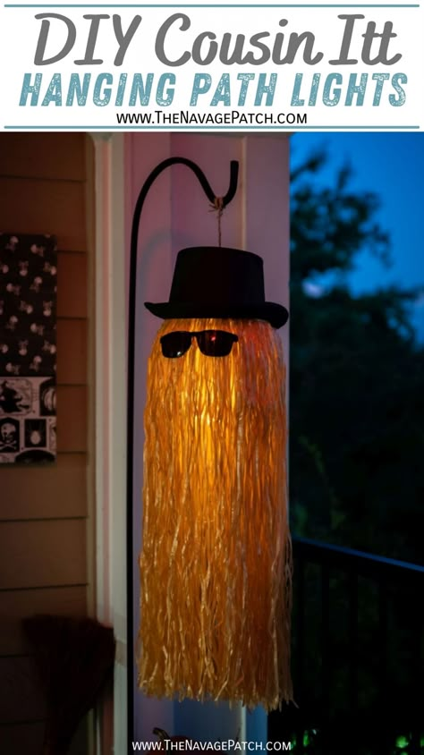 DIY Cousin Itt Pathway Light | DIY Addams Family Cousin It | Step-by-step tutorial for how to make a Cousin It | DIY Halloween decor with Dollar store supplies | Upcycled and Repurposed Halloween decor | Plastic pumpkin candy pail upcycle | Halloween Yard decoration ideas | Hula skirt upcycle | DIY Dollar Tree Halloween craft ideas | #TheNavagePatch | TheNavagePatch.com Halloween Yard Decorations Diy, Cousin Itt, Cousin It, Diy Yard Decor, Dollar Store Halloween Decorations, Halloween Decor Diy, Light Halloween, Dollar Tree Halloween, Dollar Store Halloween