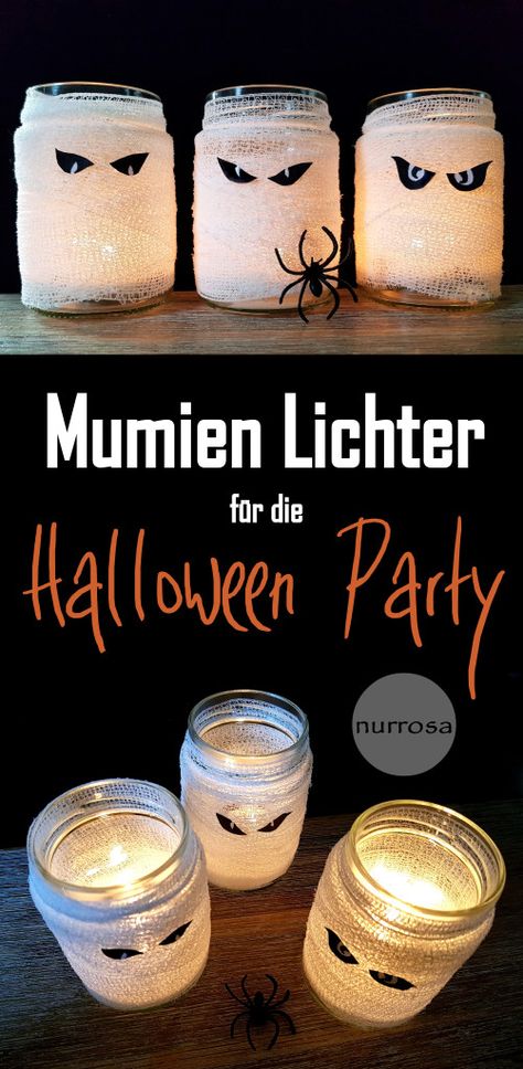 Mumien Teelichter DIY  Gruselige Mumien Lichter Deko für die Halloween Party basteln - kinder  Bastelidee - Mumienlichter - Mumienteelichter - Mumiengläser Diy Halloween Party, Halloween Party Craft, Elegant Food, Diy Halloween Decor, Breakfast Party, Halloween 2019, Christmas Sugar Cookies, Halloween Snacks, Diy Halloween