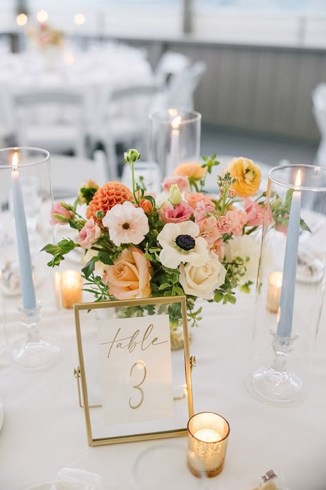 Peach, white and light blue whimsical floral centerpiece Floral Simple Centerpiece, Pampas Spring Wedding, Fairytale Wedding Flower Centerpieces, Pastel Citrus Wedding, Simple Flowers Centerpieces, Peach And White Wedding Centerpieces, Navy Peach And Ivory Wedding, Candle Vase Centerpieces Wedding, Peach Wedding Inspiration