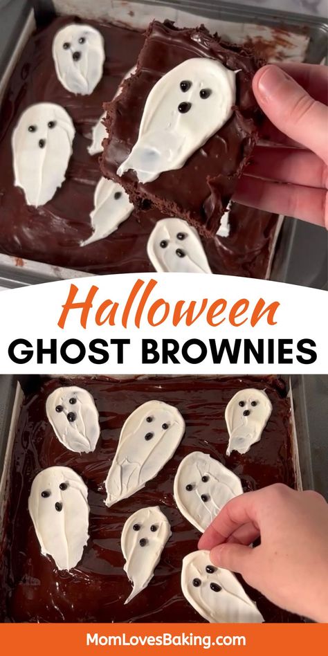 Easy Halloween Ghost Brownies Recipe are fudgy brownies topped with a simple chocolate ganache frosting and cute candy ghosts. Get the recipe: https://www.momlovesbaking.com/easy-halloween-ghost-brownies-recipe/ Brownies Decoration Ideas Simple, Fall Brownies Decorations, Halloween Brownies Easy, Easy Halloween Snacks And Treats, Halloween Recipes Dessert Easy, Halloween Brownie Recipes, Brownie Halloween Ideas, Spooky Desserts Easy, Ghost Dessert Ideas