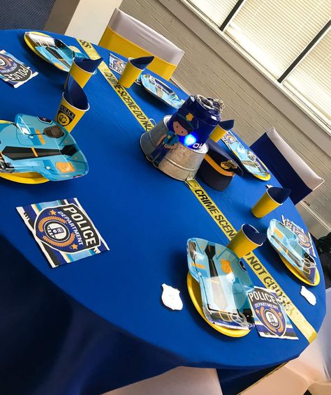 Officer Carsen’s Police Themed Birthday Party  | CatchMyParty.com Police Birthday Party Ideas, Police Theme Birthday, Policeman Birthday Party, Police Decorations, Police Officer Party, Police Themed Birthday Party, Police Theme Party, Cop Party, Police Officer Birthday