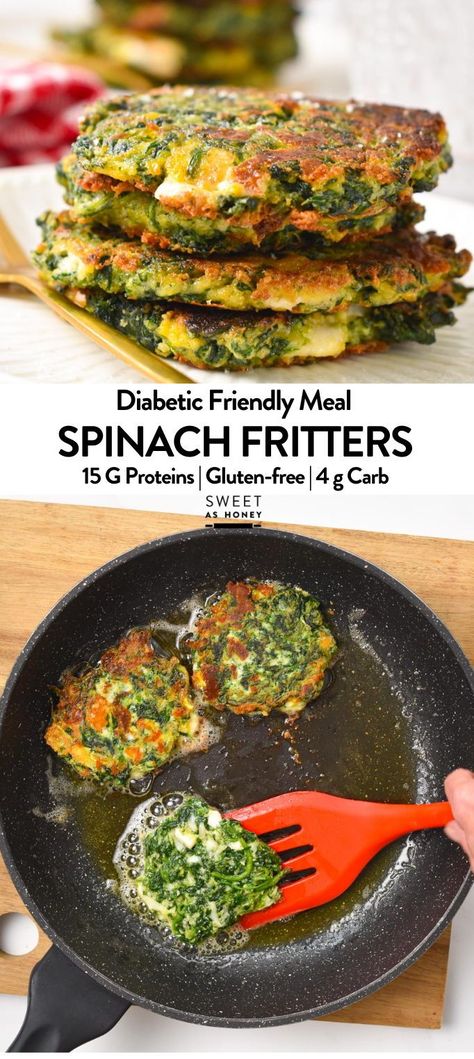 These crispy Spinach Fritters with feta cheese, almond flour, and mozzarella will soon become your favorite way to eat your greens.I have a passion for sneaking spinach into my kids’ plates, and let’s say it’s much easier when it’s combined with cheese! This new spinach recipe is inspired by two of my favorite recipes: the spinach balls and my zucchini fritters. Crispy Spinach, Spinach Fritters, Spinach Bites, Spinach Balls, Zucchini Fritters, Fritter Recipes, Spinach Recipes, Spinach And Feta, Veggie Dishes