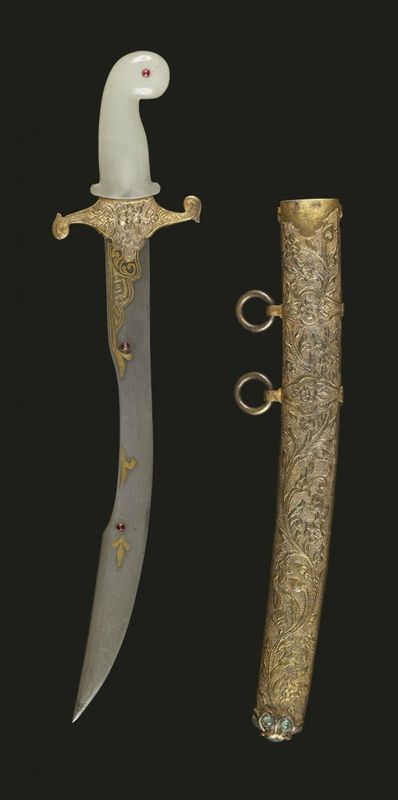 Miniature Sword, Turkey, Ottoman, late 18th-19th century. Steel, inlaid with gold (blade); serpentine, rubies (or spinels)... Cool Knives, Ottoman Empire, Kraken, Art And Architecture, Swords, Anime Chibi, 18th Century, Metal Working, Garnet