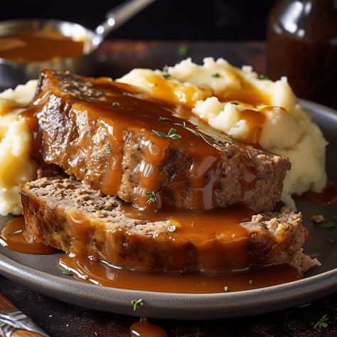 Meatloaf with Mashed Potatoes and Gravy Barbecue Meatloaf Recipes, Barbecue Meatloaf, Cracker Barrel Meatloaf Recipe, Meatloaf With Gravy, Cracker Barrel Meatloaf, Bbq Meatloaf, Homemade Meatloaf, Honey Barbecue, Good Meatloaf Recipe