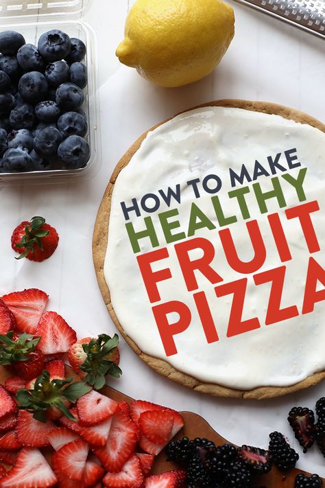 Learn how to make a healthy fruit pizza with a grain-free sugar cookie crust and a delicious lemony Greek yogurt filling -- the perfect healthy treat for summer! Grain Free Sugar Cookies, Healthy Fruit Pizza Recipe, Fruit Pizza Icing, Fruit Pizza Cups, Mini Snacks, Fruit Pizza Frosting, Fruit Pizza Bar, Fruit Pizza Crust, Fruit Pizza Sugar Cookie Recipe