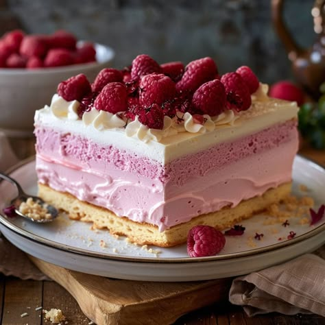 Raspberry Mousse Cake Ingredients For the Sponge Cake Base: 1 cup (120g) all-purpose flour 1/2 cup (100g) granulated sugar 1/2 cup (1 stick) unsalted butter, softened 2 large eggs 1 teaspoon vanilla extract 1 teaspoon baking powder 1/4 cup (60ml) milk For the Raspberry Mousse: 2 cups (480ml) heavy cream, chilled 1/2 cup (100g) granulated sugar 1 teaspoon vanilla extract 1/2 cup raspberry puree (from fresh or frozen raspberries, strained to remove seeds) 1 tablespoon unflavored gelatin 3 tab... Frozen Raspberry Desserts, Raspberry Bavarian Cream, Raspberry Mousse Cake, Raspberry Mousse, Mousse Cake, Cute Desserts, Dessert Drinks, Cake Ingredients, Cheesecake Recipes