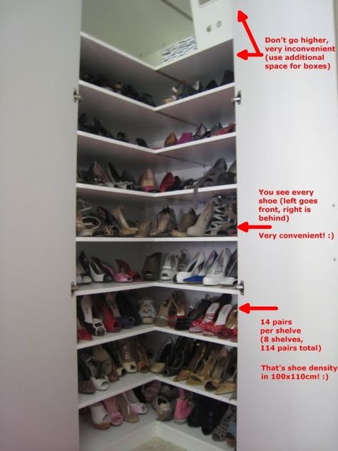 corner shoe storage - Ikea hack but will work with other cabinets/closets Ikea Corner Shoe Storage, 100 Pair Shoe Storage, Corner Shoe Storage Ikea, Ikea Shoe Storage Closet Pax Wardrobe, Corner Wardrobe Closet Ikea, Ikea Pax For Shoes, Corner Shoe Shelves, Pull Out Shoe Shelf Ikea, Shoe Storage Ikea