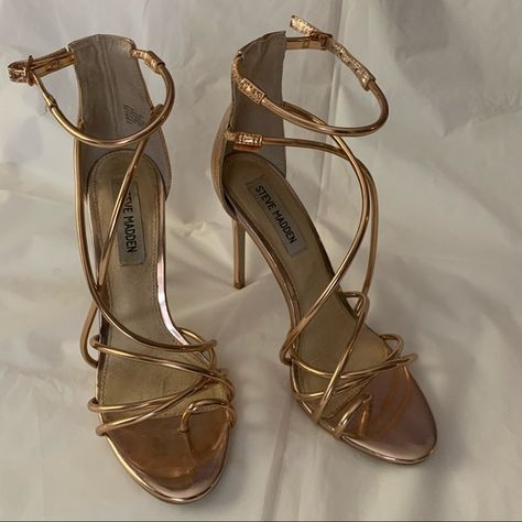 Steve Madden Satya Gold Metallic Stiletto Sandals Gold High Heels Aesthetic, Gold Heels Aesthetic, Prisoner Aesthetic, Gold Brunette, Quince Heels, Gold Prom Shoes, The Plated Prisoner, Games Outfits, Plated Prisoner