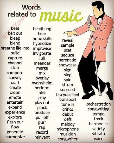 Words related to Music - by ieltsxpress Words To Describe Dancing, Words To Describe Music, Words For Music, Words Related To Music, Music Vocabulary, Ielts Vocabulary, Ielts Listening, Ielts Writing, Music Beats