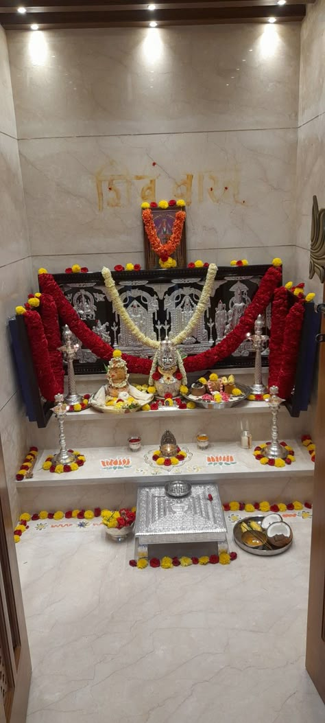 Pooja room decoration Pooja Room Decoration For Festival, Perumal Pooja Decoration, Indian Home Temple Puja Room, Home God Room Design, Ayudha Pooja Decoration, Pooja Silver Items Home, Silver God Idols For Pooja Room, Pooja Room Photos Arrangement, Best Pooja Room Designs