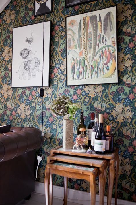 Swedish Interior Design Blogs: Fine Little Day William Morris Interior, Eclectic Room, Swedish Interior Design, Retro Eclectic, Gorgeous Wallpaper, Interior Design Blogs, Swedish Interiors, William Morris Wallpaper, Stackable Tables