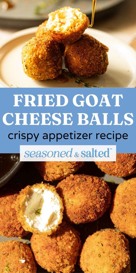 This goat cheese appetizer recipe is perfect for the holiday season or just a night in with the family! Creamy goat cheese is fried until golden brown and is given an extra crunch with the addition of panko breadcrumbs. These crispy goat cheese balls are fast and easy to make. You only need a few simple ingredients from the grocery store to wow your guests with this easy holiday appetizer! Feta Cheese Ball, Crispy Goat Cheese, Fried Goat Cheese Balls, Goat Cheese Recipes Appetizers, Goat Cheese Balls, Cheese Balls Recipe, Goat Cheese Appetizer, Fried Goat Cheese, Creamy Goat Cheese