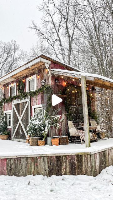 Hannah Arnold on Instagram: "Can you believe when this was built? ✨
People frequently think the Shed was here when we moved in because of its rustic look but it was actually built by my husband in 2019 as a workspace for me and my embroidery. It looks like it’s been here a century because he used entirely reclaimed materials to construct it. Yes, that chippy red is original rescued barn wood 🥰 Everything inside is also either reclaimed, vintage and antique, or built using barn wood. A sanctuary to say the least and my favorite place to be. It’s only 10x14 inside but the deck gives us extra space in the warmer months. You can catch the best golden hour sunrises and sunsets on the back deck all summer long 🌅 in the colder months the big windows give a snow globe effect when inside ❄️☺️ I’m The Shed New York, She’d Roof Cabin, Natural Snow Buildings, Old Hickory Sheds Tiny House, Greenhouse In Winter Snow, Back Deck, Big Windows, Barn Wood, Sunrise Sunset