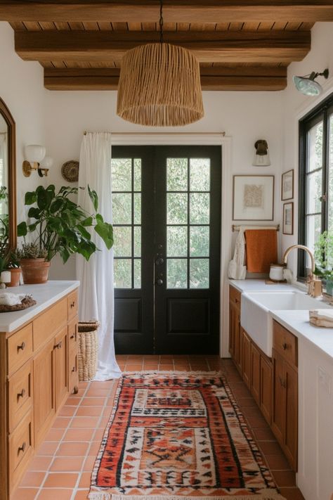 Get some inspo for your perfect boho bathroom with these tips and ideas. West Coast Farmhouse, Bohemian Master Bath, Modern Southwest Bathroom, Santa Fe Style Bathroom, Saltillo Bathroom, Moroccan Living Room Ideas, 1960s Ranch House Remodel, Santa Fe Bathroom, Bathroom Spanish Style