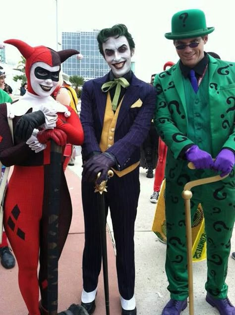 Harley, Joker, Riddler Bat Computer, Batman Villain Costumes, Diy Joker Costume, Jester Cosplay, Anthony Misiano, Riddler Costume, Batman Villians, Harley Joker, Rogue Cosplay