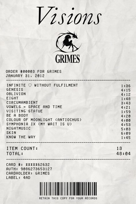 #albumreceipt #spotify #spotifyreceipt #music #musicreceipts #albumposter #grimes #aesthetic #grimesposter Song Receipts, Grimes Album Cover, Genesis Grimes Poster, Grimes Cover Art, Grimes Poster, Grimes Aesthetic Poster, Grimes Wallpaper, Grimes Aesthetic, Rich Party