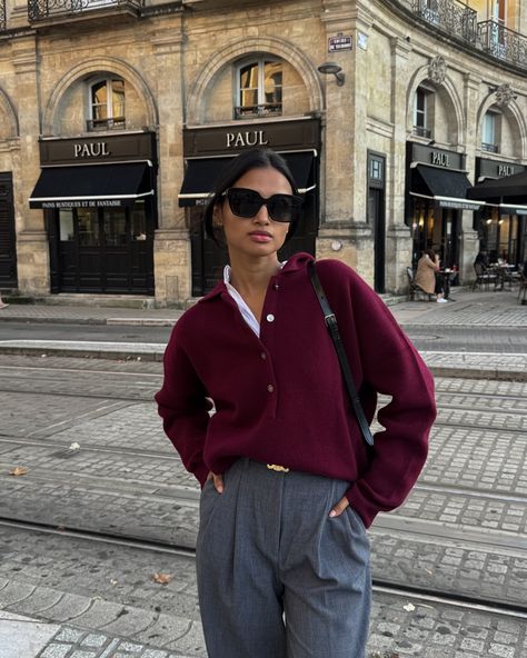 burgundy + grey 🍇🩶 . . . . . . . #ootd #fashioninspo #burgundy #burgundygrey #outfitoftheday Maroon Button Up Shirt Outfits Women, Grey And Maroon Outfit, Grey Burgundy Outfit, Burgundy Pink Outfit, Maroon And Beige Outfit, Burgundy Top Outfit Ideas, Grey Pants Outfit Winter, Wine Red Outfit Ideas, Burgundy Blouse Outfit