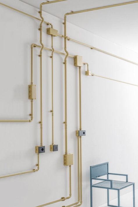 Conduit Lighting, Rustic Wall Lighting, Electrical Conduit, Industrial Electric, Concrete House, Electrical Installation, Hammered Brass, Junction Boxes, Wall Finishes