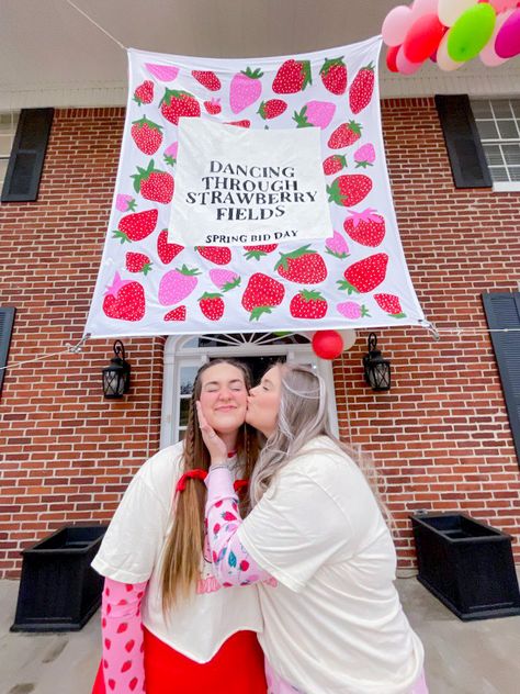 Strawberry Shortcake Bid Day, Fruit Bid Day Theme, Strawberry Bid Day Theme, Sorority Themes, Sorority Banner, Sorority Ideas, Bid Day Shirts, Strawberry Fields Forever, Sorority Bid Day