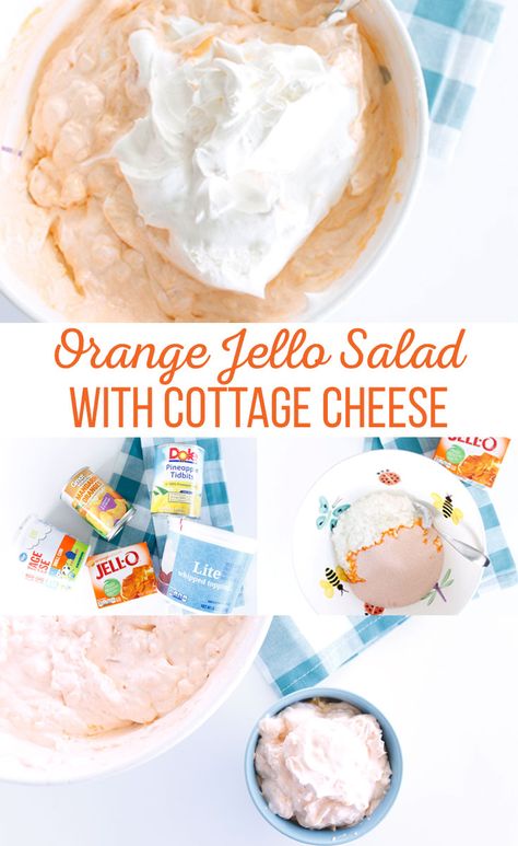 Orange Jello Salad with Cottage Cheese is a fun and fruity addition to your next picnic or BBQ. Adults and kids will come back for seconds. Fruit Salad With Cottage Cheese, Cottage Cheese Healthy Recipes, Jello Salad With Cottage Cheese, Cheese Healthy Recipes, Jello Cottage Cheese Salad, Orange Jello Salad, Jello Deserts, Orange Jello Salads, Cheese Salad Recipes