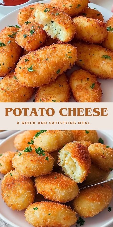 Easy and Delicious Potato Croquettes Recipe Ingredients: 6 potatoes (800 g) 1 glass of cornstarch (100 g) 150 g grated cheddar cheese 1 pinch of parsley 1 teaspoon of salt (8 g) 1 egg 1 cup bread crumbs Vegetable oil (for frying) #Potato #Croquettes Crunchy Breakfast Potatoes, Quick And Easy Dinner Recipes With Potatoes, Italian Potato Croquettes Recipe, French Croquettes Recipe, Potato Crispy Recipes, Potatoe Croquettes Recipe, Individual Scalloped Potatoes, Ham And Cheese Croquettes, Smashed Potato Cups