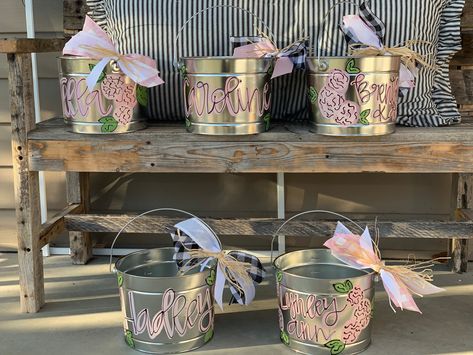 Painted Galvanized Buckets, Painted Easter Bucket, Sports Easter Basket, Painted Easter Baskets, Personalized Easter Bucket, Galvanized Metal Bucket, Metal Buckets, Easter Basket Items, Galvanized Buckets