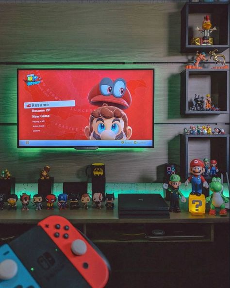 Unleash Your Inner Gamer with This Epic Mario-inspired Desk Setup!" #Mario #gamingsetup #desksetup #workspace #gamerlife #Nintendo Game Room Nintendo, Nintendo Desk Setup, Nintendo Setup, Nintendo Room, Mushroom Kingdom, Desktop Setup, Gaming Room Setup, The Mushroom, Gaming Room