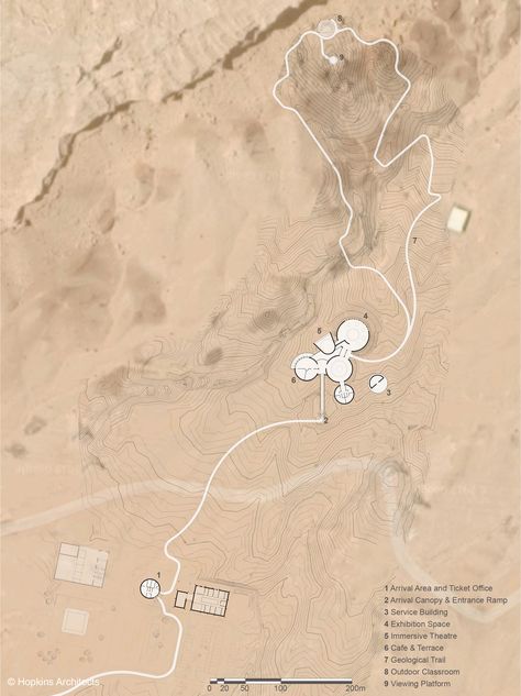 Hopkins Architects completes Buhais Geology Park Interpretive Centre in Sharjah Sitemap Design, Site Plan Rendering, Hopkins Architects, Desert Map, Masterplan Architecture, Architecture Site Plan, Concept Models Architecture, Architecture Concept Diagram, Architecture Collage