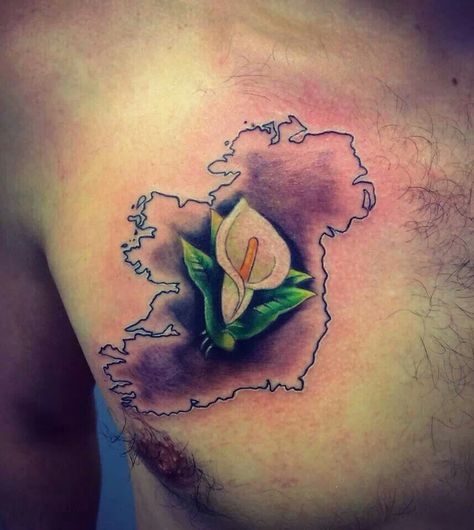 Easter Lily inside outline of map of Ireland Map Of Ireland Tattoo, Celtic Fc Tattoo, Easter Lily Tattoo, Irish Flag Tattoo, Irish Harp Tattoo, Ireland Tattoo Ideas, Gaelic Tattoo, Ireland Tattoo, Bicycle Drawing