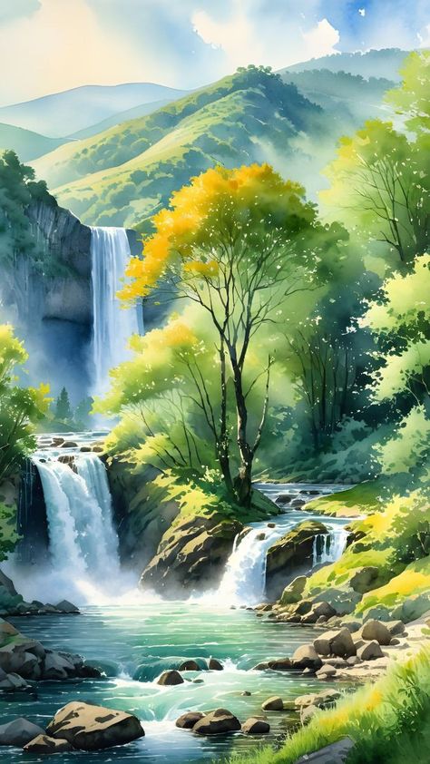 Penting Art Beautiful, Penting Art, Watercolor Scenery Painting, Earth Drawings, Watercolor Scenery, Waterfall Paintings, Waterfall Art, Watercolor Subjects, Watercolor Tree