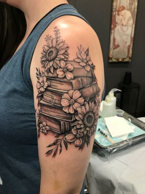 Floral Book Sleeve Tattoo, Plants And Books Tattoo, Books And Wildflowers Tattoo, Book Stack With Flowers Tattoo, Stacked Book Tattoo, Book Arm Sleeve Tattoo, Owl Book Tattoo, Book Leg Tattoo, Books With Flowers Tattoo