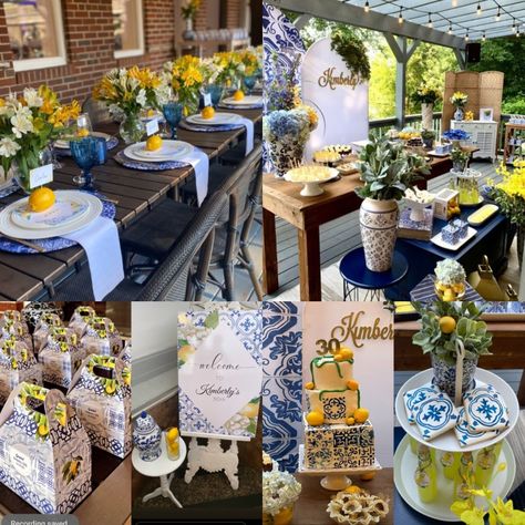 Portuguese Birthday Party, Portuguese Party Theme, Blue Tile Party Decor, Lemon Mediterranean Decor, Amalfi Coast Shower Theme, Blue And White Lemon Theme, Blue Tile Lemon Theme Party, Blue Party Themes, Almalfi Coast Bridal Shower