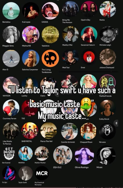 Just bc i listen to taylor dosent mean ppl have a “BaSiC mUsIc TaStE” we have other music we listen to then one artist sometime?? #music #bekind #dontjudge #musictaste #taylorswift #mixedmusic #whisper #fyp Song Artists To Listen To, Songs To Listen To When Drawing, 2010s Music Aesthetic, Bands To Listen To, Artists To Listen To, Music To Listen To, Song Concepts, Lgbt Songs, Indescribable Feelings